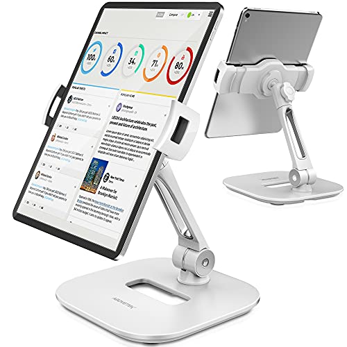 AboveTEK Tablet Stand Holder, Stylish Aluminum iPad Stands, Foldable 360° Swivel iPad iPhone Table Stand Holder fits 4-11" Tablets/Smartphones for Kitchen Bedside Office POS Showroom Reception (White) - color: White, size: 4"-11"