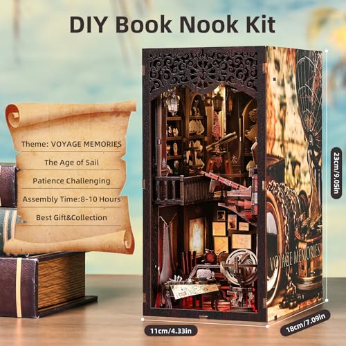 TOYQI Book Nook Kit, Book Nook Kits for Adults, DIY Miniature Dollhouse Kit 3D Wooden Puzzle Booknook Bookend with LED Light - style: Voyage Memories