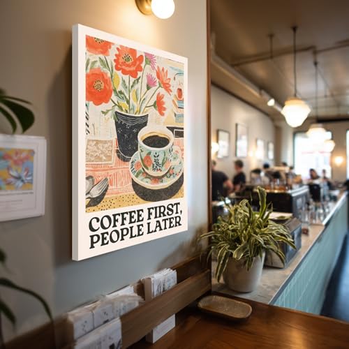 GELDSTEI Framed Retro Coffee Wall Art, Vintage Cafe Wall Decor, Coffee First People Later Canvas Painting, Classical Cafe Bar Poster Print for Kitchen Dining Room Home Office Ready to Hang 16x24 Inch - color: Retro, size: 24"L x 16"W