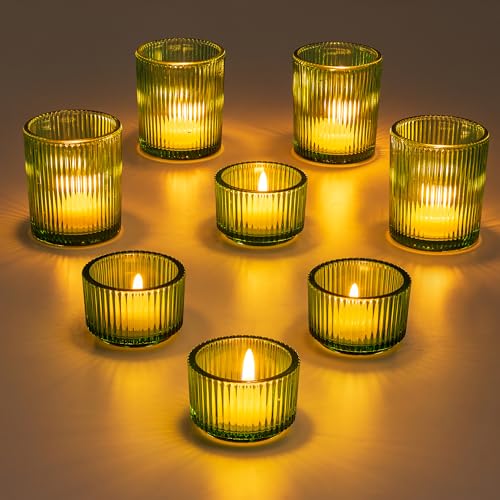 Glass Votive Tealight Candle Holder: Glasseam Small Green Tea Light Holders Set of 8 Decorative Ribbed Tea Lights Holder for Table Centerpiece Wedding Christmas Dining Room Decor - color: Green