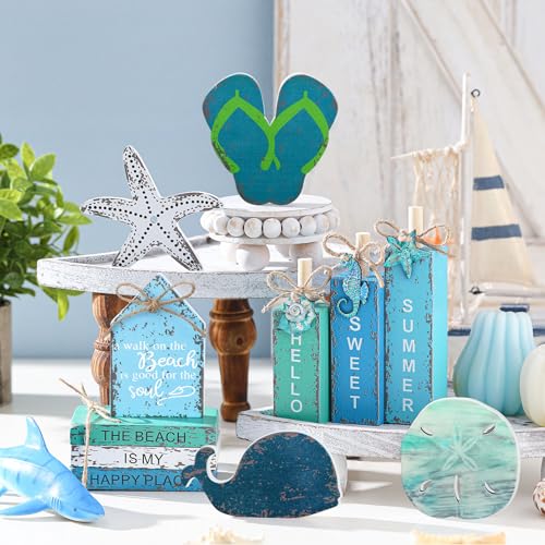 Vercraft 11 Pcs Summer Beach Table Decorations Ocean Tiered Tray Decor Summer Centerpiece Decorative Wood Books Table Top Decor Starfish Wooden Sign for Home Party Supplies (Ocean) - style: Ocean