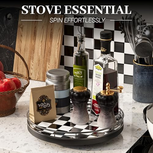 10.2-Inch Black & White Checkerboard Lazy Susan Organizer – Rotating Serving Tray with Oak Base, Iron Frame, & Ceramic Tile –Perfect for Dining Table, Kitchen Cabinet, Bathroom Countertop, Home Décor