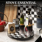 10.2-Inch Black & White Checkerboard Lazy Susan Organizer – Rotating Serving Tray with Oak Base, Iron Frame, & Ceramic Tile –Perfect for Dining Table, Kitchen Cabinet, Bathroom Countertop, Home Décor