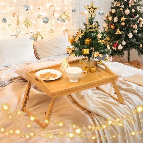 Bed Tray Table Set of 2, Bamboo Breakfast Trays with Folding Legs and Handles, Snack and Eating Lap Table, Natural Wood Color Serving Tray for Kitchen, Sofa or Bed Use - style: 2 pack(Adjustable feet)