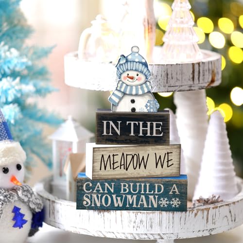 Yuntau 4 Pcs Winter Table Decoration Blue Snowman Decor Winter Tiered Tray Decor Christmas Centerpiece Decorative Wooden Snowman Block Sign Decoration for Home Kitchen - style: Snowman