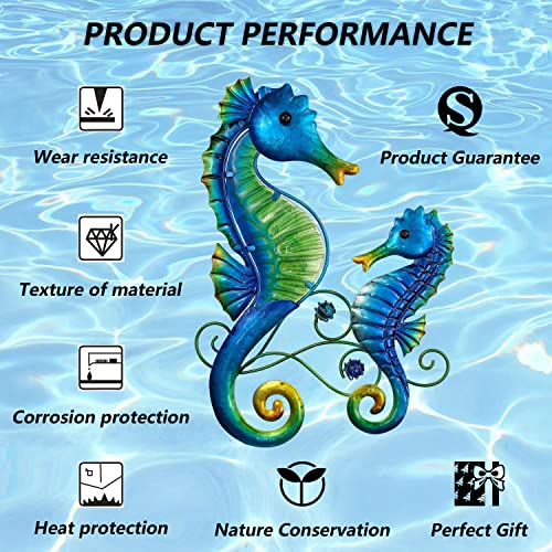 JOYBee Metal Seahorse Family Wall Art Decor-Outdoor Indoor Coastal Hanging Art-Beach Ocean Theme Garden Wall Art Decor for Patio Backyard Yard Fence Pool Bathroom Living Room Wall Decorations - color: Blue Green Seahorse