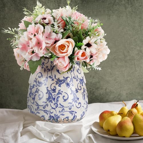 Ceramic Scroll Planter 6.5 Inch Chinoiserie Floral Vase with Drainage Holes Vintage Flower Vase Flower Pot Rustic Ceramic Pots for Indoor Plants Garden Home Bookshelf Decor (Retro Blue) - style: Retro