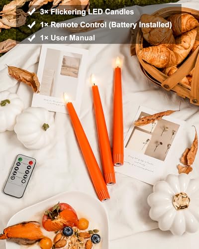 Stmarry Orange Flameless Taper Candles with Remote and Timer, 9.65 Inch Real Wax LED Candlesticks, Fall Taper Candles Battery Operated with 3D Flickering Flame, Thanksgiving Candles for Table, 3 Pack - color: Orange, size: 3 Pack
