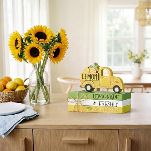 Smile Wooden Summer Indoor Decorations, Mini Tiered Tray Decor with Sunflower and Twine, Rustic Wooden Decorative Books Stack with Wood Truck Sign for Home Kitchen Shelf Tabletop - style: Summer Truck