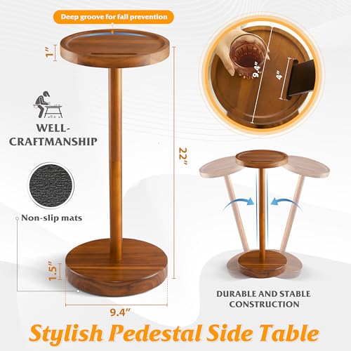 BLUEWEST Drink Table, 22" Tall Compact Side Table with Phone Slot and Weighted Base, Durable Pedestal Table Accent for Living Room, Bedroom, or Office, Cocktail and Martin (1, Acacia) - color: Acacia