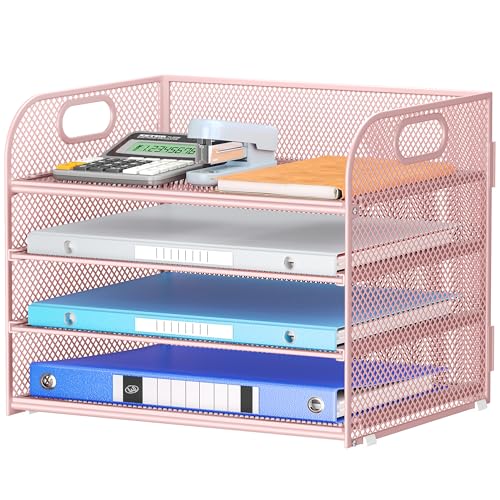 4-Tier Paper Organizer for Desk With Handle, Mesh Desktop File Tray, Office Classroom Organization and Storage - Pink - color: 4 Tier - Pink