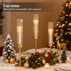 Gold Hurricane Candle Holders Set of 3, Brass Taper Candle Holders for Candlesticks, Elegant Tall Candle Sticks Holder Decor for Table Centerpiece, Wedding & Christmas Decorations