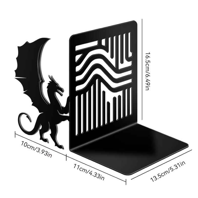 Dragon Metal Book Ends Decorative Set of 2 - Fantasy Themed Bookends for Heavy Books, Gothic Geometric Book Holders for Bookshelves, Matte Black Office, Home, Library Desk Decor - color: Type-6