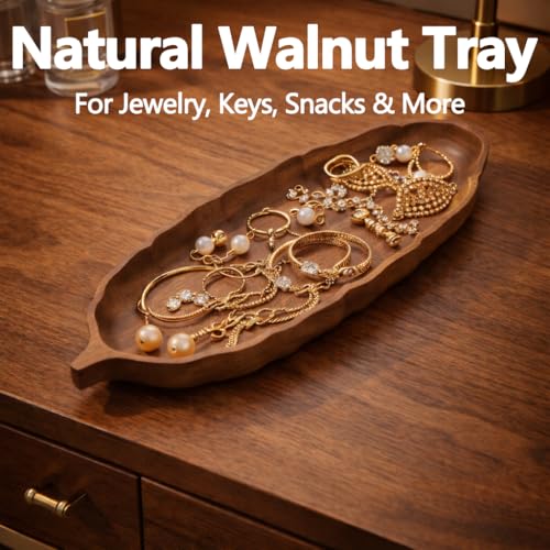 Walnut Wood Leaf Serving Tray 13” – Long Wooden Snack Platter for Appetizers, Sushi, Bread & Dessert – Handcrafted Solid South American Walnut Decorative Tray for Coffee Table, Kitchen & Dining