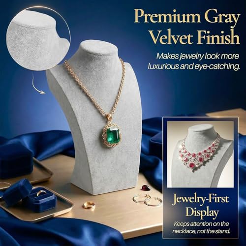 Flexzion Necklace Bust Display Stand (1 Pack) - 10 Inch 3D Mannequin Gray Velvet Necklace Display Holder for Home, Boutique & Trade Shows - Jewelry Display for Selling Necklace, Pendants, Chokers - color: Gray Velvet, size: Small (1 Pack)