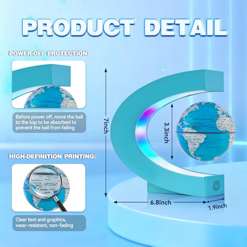 Flagest Magnetic Levitation Floating Globe, Levitating C Shape Globe with Cyan Frame and LED Lights for Education Home Office Desk Decor, Holiday Anniversary Creative Gift(3.3 Inches) - color: Cyan