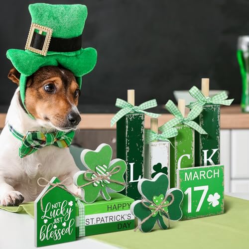 Vercraft 11 Pcs St. Patrick's Day Table Decorations Wood Faux Books Irish Table Top Decor Clover Wooden Sign Centerpiece for St. Patrick's Day - style: Clover