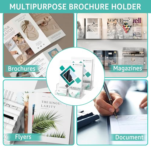 2 Pack Acrylic Brochure Holder 8.5 x 11 Inch with Business Card Holder, Clear Acrylic Brochure Holders Plastic Flyer Display Stand for Magazine, Pamphlet, Booklets, Menu, Journals, Literature