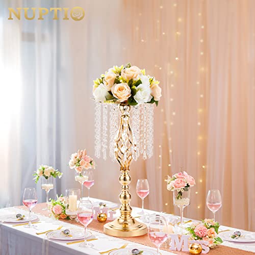10 Pcs 19.3 inches Tall Crystal Flower Stand Wedding Road Lead Tall Flower Holders Centerpiece Crystal Flower Chandelier Metal Flower Vase for Reception Tables Wedding Supplies - color: Gold, size: Medium - 10 Pcs