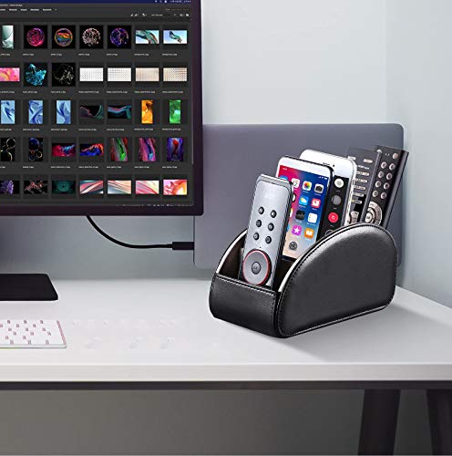 YAPISHI Large Leather TV Remote Control Holder Organizer Black with 5 Compartments Nightstand Desktop Media DVD Player Remote Tray Caddy Storage Box for Mobile Phone Pen Office Stationery Controllers - color: Black, size: Large