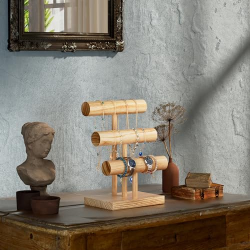 ProCase Bracelet Holder Display Bracelet Organizer, Wooden Bracelet Stand for Selling, T-bar Bangle Storage Rack Wood Watch Display Tower for Business - 3 Tier, Nature - color: Nature, size: 3 Tier