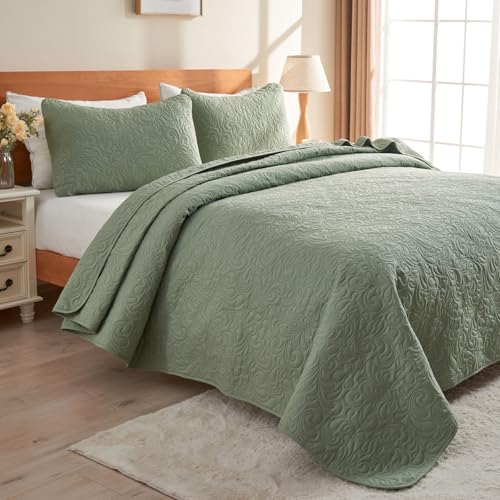 JYHOPE Sage Green Twin Quilt Set 68x90 Lightweight Microfabric Bedspread, 3-Piece Quilt Bedding with Pillow Shams, Summer Cooling Quilts, Ribbon Wrapped Gift - color: Flower Pattern-sage Green, size: Twin(68x90)