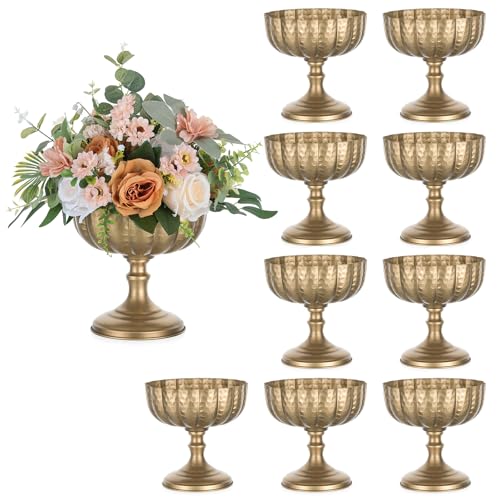 Sziqiqi Gold Urn Vase for Wedding: 7.9in Large Compote Vases Centrepieces with Crystal Beads for Table Decorations - Set of 10 Metal Urn Vases for Flower Arrangement Bowl Vase for Party Anniversary