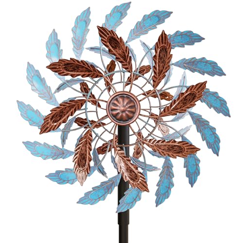 Metal Outdoor Wind Spinner, Wind Sculpture Spinner with Metal Stake, Waterproof 360 Degrees Kinetic Windmill Art Decoration for Patio Garden Lawn (Blue+Brown) - color: Blue+brown