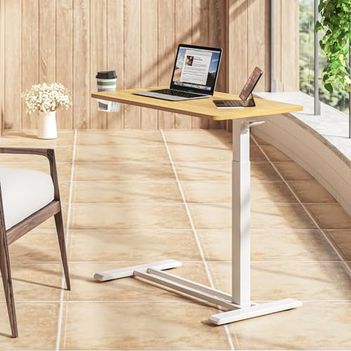 SANODESK Medical Adjustable Overbed Bedside Table with Hidden Casters, Pneumatic Mobile Laptop Computer Standing Desk Cart with Tray, Hospital and Home Use(31.5" W x 17.7" D, Maple) - color: Maple, size: Large