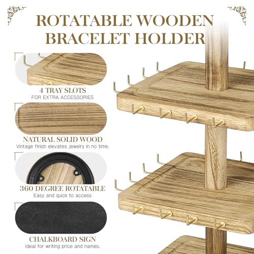 LadyRosian 3-Tier Wooden Rotating Jewelry Display Stand | Bracelet & Keychain Organizer with Advertising Board | 48 Hooks Rustic Holder for Vendor Booth & Stores (3-Tier Square Slot Display) - color: 3-Tier Square Slot Display