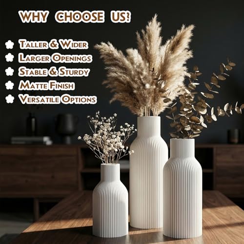 White Ceramic Vases Set of 3 - Modern Matte Ribbed Vases for Pampas Grass & Dried Flowers - Minimalist Decorative Centerpieces for Living Room, Shelf, Entryway & Wedding - color: White