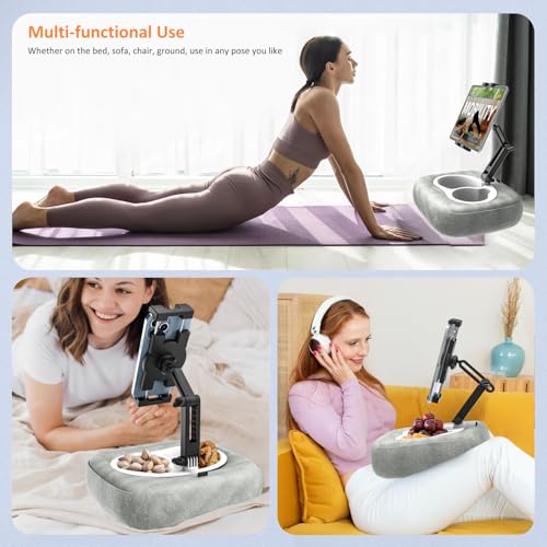 Pillow Tablet Holder Stand, 360°Adjustable Tablet Pillow Mount for Bed Lap Desk [Soft Skin-Friendly Fabric] fit for iPad, Galaxy Tab, Kindle, Fire, Phone, 4-13" (Detachable Washable, Gray)