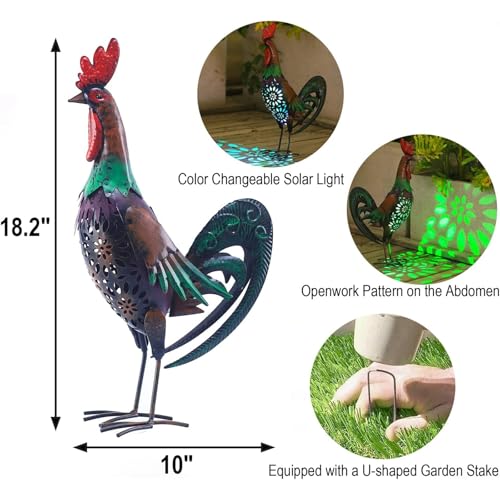 Solar Rooster Statue Light Outdoor, 18" Metal Yard Art Rooster Figurines(Retro Rooster). - style: Retro Rooster
