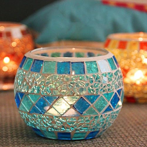 Votive Candle Holder Tea Lights - Glass Candle Holders, Mosaic Tealight Candle Holder, Candle Jar Cup for Wedding Centerpiece Party Table Decorations, Valentines Day Decor - color: A - a - Romantic Blue