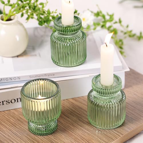 DARJEN 6 Pcs Green Candlestick Holders - Glass Taper Candle Holders Tealight Votive Candle Holders for Table Centerpieces, Wedding, Dinner Party, Home, Gifts (Pack of 2) - color: Green, size: 6Pcs (Pack of 2)
