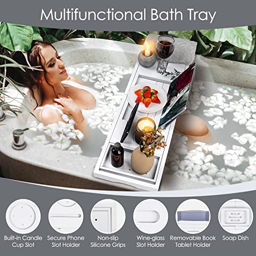 Foldable Bathtub Caddy Tray, Bamboo Bath Tub Tray Table for Tub with Wine Glass Holder Book Phone Tablet Holder with Extending Sides, Adjustable Bathroom Bathtub Free Soap Holder Gift Idea (White) - color: White