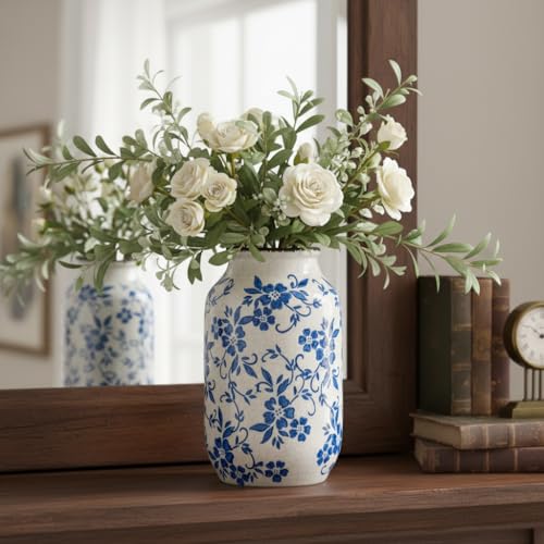 Blue and White Vase, Ceramic Flower Vases, Rustic Vintage Chinoiserie Vase for Home Decor, Farmhouse Decor, Shelf, Living Room, Bedroom, Table Decoration, 9 inch, Blue and White - color: Blue and White