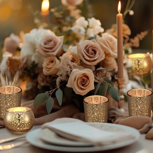 Funnymoom 12 Set Assorted Votive Candle Holders with LED Tea Light Decorative Mercury Glass Votive Tealight Holder Flameless Battery Operated Wedding Centerpieces Bridal Party Table Decoration (Gold) - color: Gold