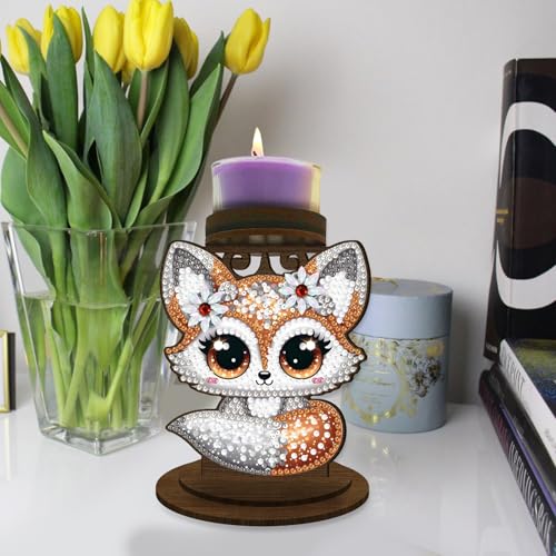 BAYUNOE DIY Candlestick Holders Wooden Desktop Diamond Art Painting Candle Holder Double-Sided Diamond Vintage Modern Decorative for Table Mantel Wedding Dinning Party-Brown Fox - color: Brown Fox
