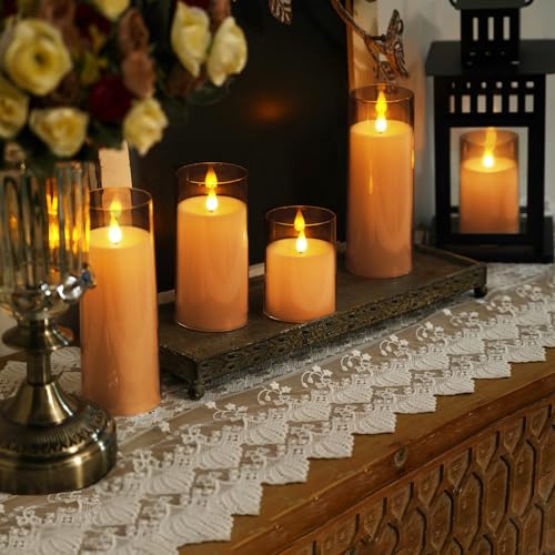 Homemory Amber Flickering Flameless Candles, Battery Operated Acrylic LED Pillar Candles with Remote Control and Timer, Fall Candles, Set of 9 - color: Amber, 9Pack