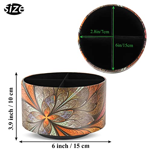 lizimandu Round Leather Art Supply Organizer,Remote Control Holder,360 Degree Rotating,Multi-Functional Pencil Holder,4 Compartments Desktop Stationary Organizer(1-Orange Flower) - color: 1-Orange Flower