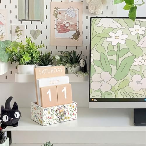 AceOrbit Wildflower Wood Block Perpetual Calendar Coquettish Farmhouse Desk Decor Cute Watercolor Wildflower Month Week Date Display Decorative Block Calendar Office Home Desk Gift for Women - style: Wildflower