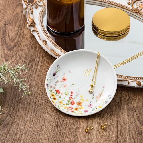 Crisky Initial Jewelry Tray Ring Dish & Gift Box, Ceramic Flower Trinket Dish for Rings Earrings Necklaces Keys, Bridal Shower Engagement Birthday Gift for Women, Friends 4.57" (Gold Foil D - style: Initial D