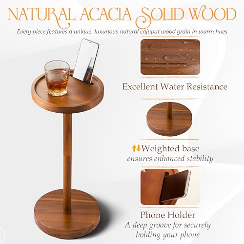 BLUEWEST Drink Table, 22" Tall Compact Side Table with Phone Slot and Weighted Base, Durable Pedestal Table Accent for Living Room, Bedroom, or Office, Cocktail and Martin (1, Acacia) - color: Acacia