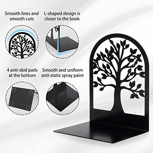 Happyhapi Book Ends, Metal Book Ends to Hold Books, Tree Decorative Bookends for Shelves, Black Book Stopper Bookend for Heavy Books, Book Holder for Shelf Home Office, 6.8 x 4.7 x 3.5(3 Pair/6 Pcs)