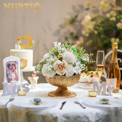 NUPTIO Gold Compote Vase for Centerpiece: 8.5" Wide Short Pedestal Footed Bowl for Flowers - Distressed Brass Urn for Decorative Wedding Table Set of 10 - size: 5.4“H - 10pcs