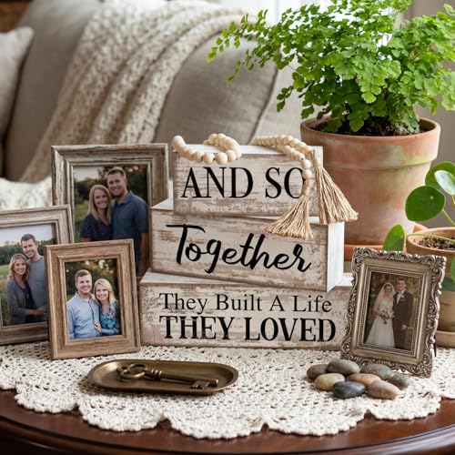 4 Pcs Farmhouse Home Decoration Wooden Tabletop and So Together They Built a Life They Loved Decor Motivational Tiered Tray Decor Rustic Block Sign Retro Bead Garland Table Centerpiece for Shelf Desk - style: and So Together