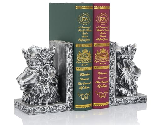 Lion Head Bookends Metallic Silver Design, Solid Resin for Heavy Duty Book Support, Non-Slip Pads for Stability, Gift for Lion Enthusiasts Collectors - color: Metallic Silver