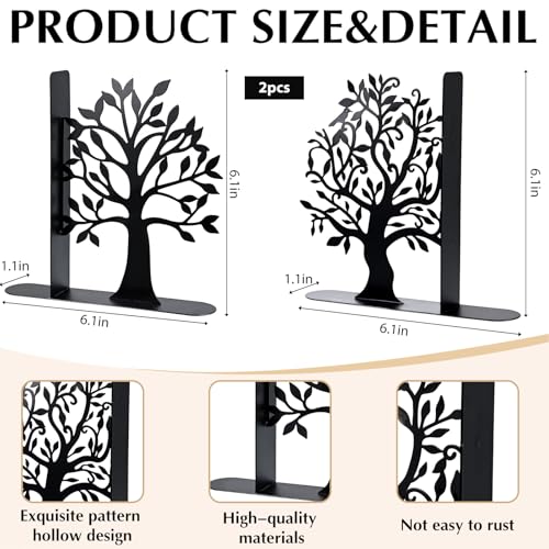 Decorative Bookends, Modern Metal Book Ends for Shelves, Tree Stopper for Books, Decorative Book Organizer Bookends Decorative, Black Shelve Bookends for Home Office, 6.1 X 6.1 X 1.2 Inch