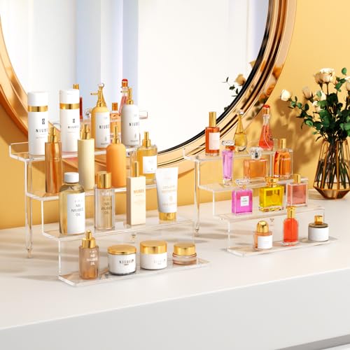 NIUBEE Acrylic Riser Display Shelf, Clear Display Stand for Amiibo Funko POP Figures,4 Tier Cupcakes Stand Perfume Organizer and Storage (9 Inch Small) - size: 9 inch